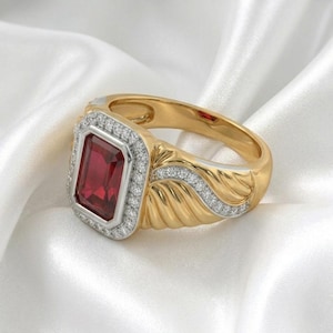 Finest 18k gold ruby engagement ring for him , unisex cocktail Moissanite wide band for proposal
