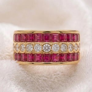 Three Row Ruby gold plated ring , luxury Anniversary Moissanite silver wide band