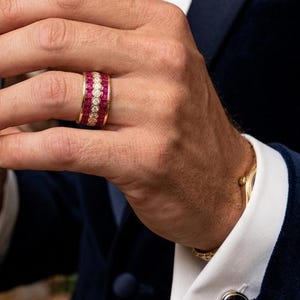 Three Row Ruby Diamond 18k gold band , Luxury jewelry wide ring him , her