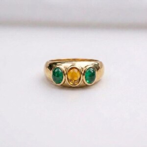 Three Stone 18k gold vermeil Chunky womens dome Ring, Sterling Silver Citrine, Ruby, Emerald, Turquoise band for date or vacation