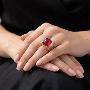 Women's 18k rose Gold Vermeil ruby Chunky band, premium large sugarloaf cabochon dome shape ring for her