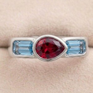 Ruby aquamarine 14k Gold plated Nudo style band, bezel set sterling silver three stone anniversary ring