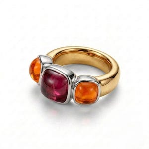 Orange Quartz Ruby gemstone Dome Ring, premium 18K Gold Plated Sterling Silver smooth Band