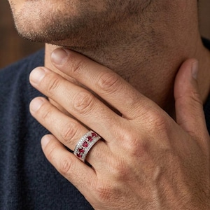 Ruby gemstone Wide ring 14k white gold band for men , Moissanite Wedding ring him , husband, brother