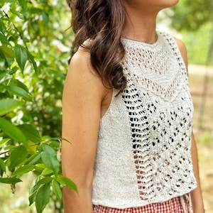 Puede incluir: Una camiseta sin mangas de punto de color claro con un diseño calado detallado. La camiseta presenta un cuello alto y un patrón texturizado, combinada con una falda a cuadros rojos y blancos. El fondo incluye follaje verde.