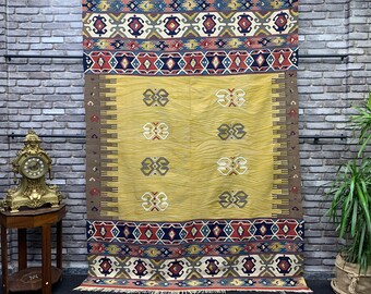 Vintage Hand Knotted Rustic Turkish Kilim Rug 6x8 ft, Unique Wavy Yellow Color Ethnic Geometric Large Kilim Rug, Bohemian Home Decor Kilim