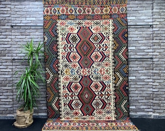 Hand Knotted Stunning Design and Colors Turkish Kilim Rug 5'8"x9'7", Vintage Bohemian Geometric Kilim Rug, Large Ethnic Wool Area Rug