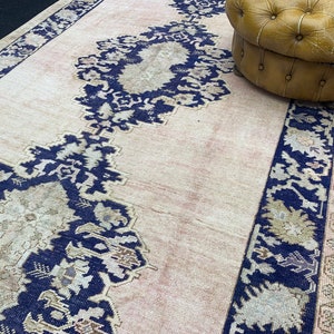 Vintage Navy Large Runner Rug 5x12 ft, Oriental Turkish Wool Rug, Hand Knotted Oushak Runner Rug, Trible Medallion Long Runner Rug