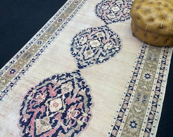 Vintage Oriental Turkish Runner Rug 4.8x10.9 ft, Handmade Large Runner Rug, Trible Blue Medallion Oushak Runner Rug, One Of A Kind Wool Rug
