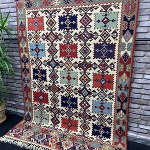 Hand Knotted Ethnic Geometric Primitive Large Kilim Rug 5'1"x7'10", Vintage Pastel Color Livingroom Bedroom Area Rug, Bohemian Home Rug image 3