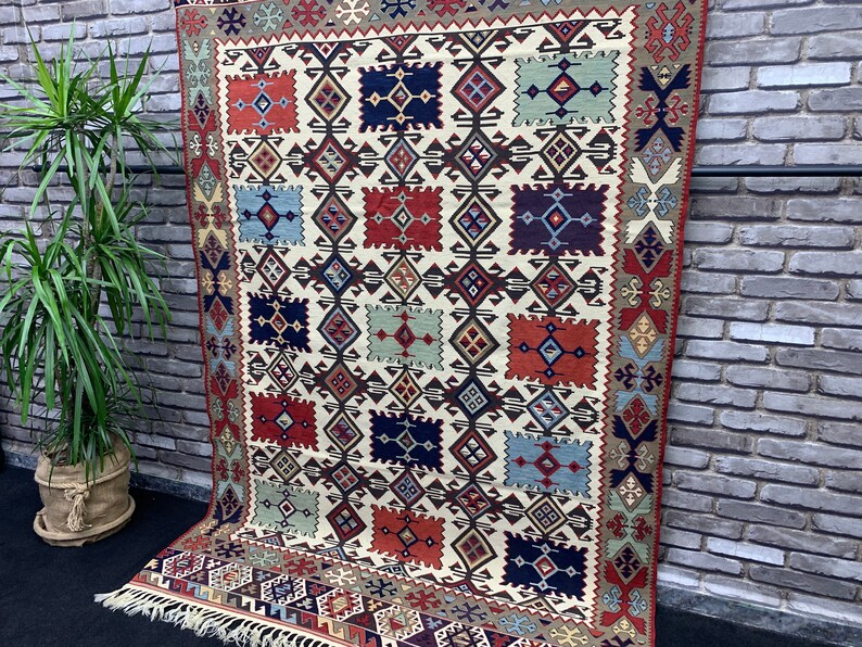 Hand Knotted Ethnic Geometric Primitive Large Kilim Rug 5'1"x7'10", Vintage Pastel Color Livingroom Bedroom Area Rug, Bohemian Home Rug image 3