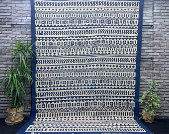 Vintage Hand Knotted Kilim Rug, Large Navy Cream Bohemian Turkish Kilim 7'6"x10'2",Oversized Rustic Geometric Pattern Turkish Kilim Area Rug