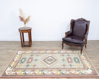 Primitive Pattern Milas Rug, 4'9''x7'7'' ft Turkish Rug, Vintage Handmade Faded Green Burgundy Rug, Living Room Wool Rug, Modern Home Decor