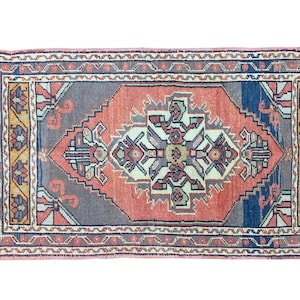 Vintage Faded Wool Oushak Rug 2 x 3'4", Small Turkish Welcome Rug, Bathroom Mat Rug, Front Door Rug