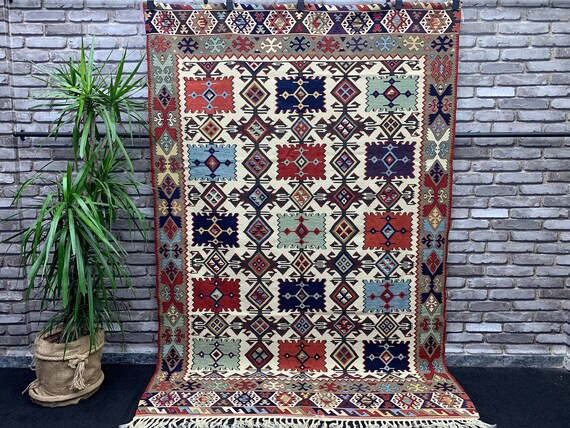 Hand Knotted Ethnic Geometric Primitive Large Kilim Rug 5'1"x7'10", Vintage Pastel Color Livingroom Bedroom Area Rug, Bohemian Home Rug
