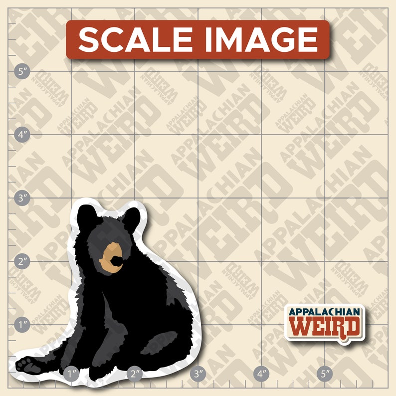 Op de afbeelding: Een sticker met een zwart berenjong in zittende houding. De sticker bevindt zich op een geruit achtergrond met de tekst "Appalachian Weird" die zich herhaalt.