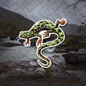 May include: A sticker featuring a salamander with a green and black spotted pattern. The salamander has brown feet and a long, curved tail. The background shows a waterfall and a mountain range.