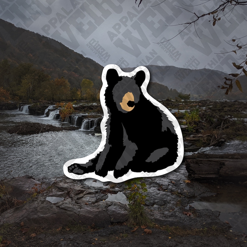 Op de afbeelding: Een sticker met een zwart berenjong met een witte omtrek, zittend op een rotsachtig oppervlak in de buurt van een waterval. De beer heeft een lichtbruine neus en kijkt recht in de camera.
