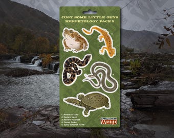 May include: A sticker pack featuring five different Appalachian wildlife illustrations: an American Toad, an Eastern Newt, an Eastern Hognose Snake, a Queen Snake, and a Spiny Softshell Turtle. The sticker pack is titled "Just Some Little Guys Herpetology Pack 5" and features the logo "Appalachian Weird".