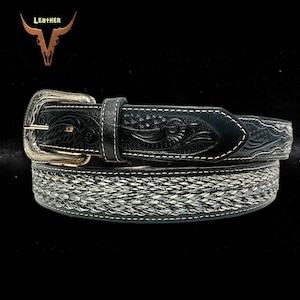 3-D Western Horsehair Inlay Belt Woven Black Leather Belt Made in USA Size 28 Western Leather Belt with Horsehair Inlay – Cattle Kate main image 3