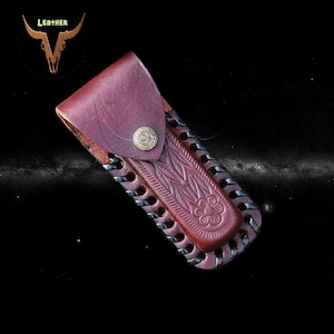 Vintage Brown Leather Sheath 5&quot; Folding Knife, Genuine Leather Belt Knife Case  , Gift for father ,Men , birthday, christmas, Vleather-88