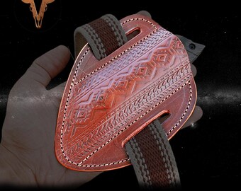 Brown Pure Leather Sheath 5.75" for Folding Knife Handmade Engraved Holster, Gift for Him, Father ,Men, Birthday, Christmas, Vleather 83