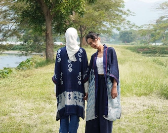 Indigo Shibori Kimono Outer – Handcrafted Viscose Fabric, Natural Dye, Ethnic Modern Style