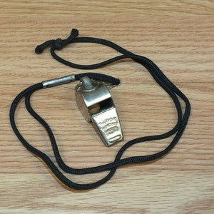 Vintage Acme Thunderer Stainless Whistle w/ Black Rope Necklace Made in England!