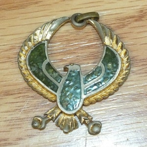 Vintage Gold Toned With Green Stone Horus Egyptian Eagle Necklace Pendant Charm