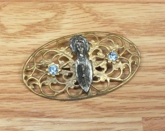 Gold Tone Metal Vintage Catholic Praying Women's Brooch Pin w/ Blue Rhinestones