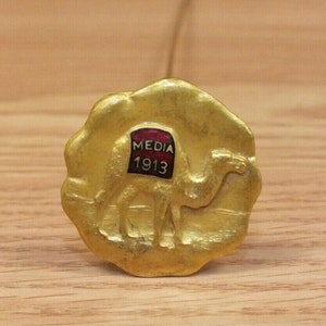 May include: Gold-colored pin with a camel silhouette and a red enamel rectangle with the text "MEDIA 1913".