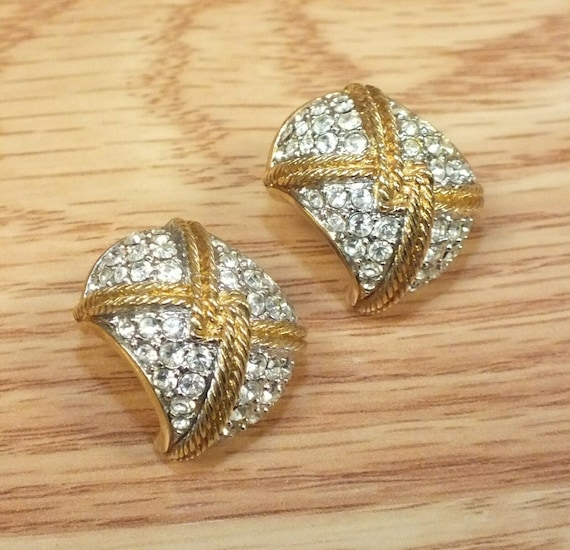 Vintage Swarovski Gold Tone With Clear Rhinestones Swan Stamped Earrings