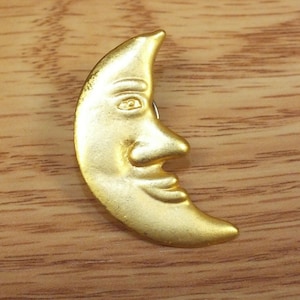 Vintage Gold Tone Half Moon Face Collectible Space Themed Lapel Pin