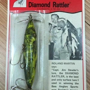 Vintage Diamond Rattler Jim Strader Fishing Lure 3 3/4&quot; Inch Large Green **NOS*