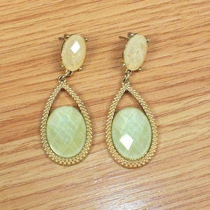 Vintage Gold Tone With Cream & Light Green Rhinestone Costume Jewelry Earrings