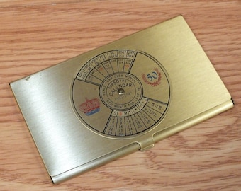 Vintage 1992-2041 50 Years Calendar Collectible Brass Tone Business Card Holder