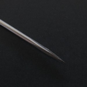 May include: A close-up of a silver, pointed, metal tool. The tool is thin and long, with a sharp point at the end.