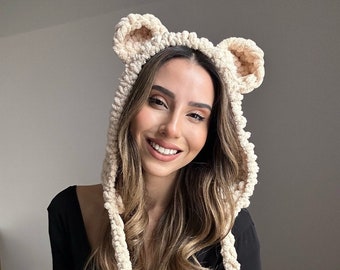 Teddy mask, winter hoodie, unisex gift, animal mask, handmade beanie, balaclava