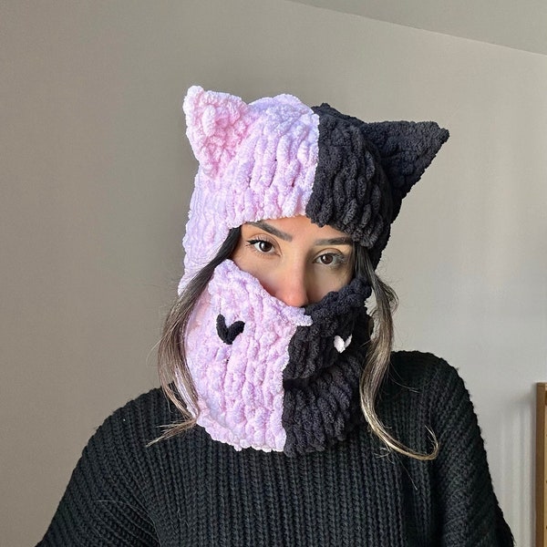 Two color balaclava, cat ears balaclava, kitty mask, cat cosplay, cat woman costume, cat balaclava, animal handmade balaclava, unisex custom