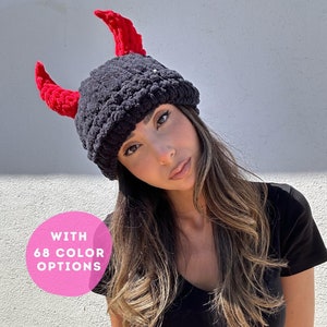 Devil hat with horn, handmade devil beanie, Lucifer hat, satan demon hat, demon beanie with horn, devil horn hat, custom product