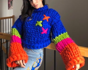 Cardigan Sweater For Woman, Custom Cardigan, Cardigan Femme Fait Main, Gifts For Her, Chunky Merino Yarn, 3D Hoodie, Bunte Cardigan