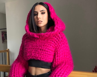 Chunky Merino Wool, 3D Hoodie, Crop Sweat, Crop Hoodie, Sweatshirt, Knitting For Woman, Handmade Hoodie, Puffer Coat, Colorful Hoodie