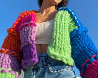Chunky Cardigan, Valentines Day Gift, Merino Cardigan, Rainbow Cardigan, Handmade Cardigan, Bomber Jacket Handmade Gift