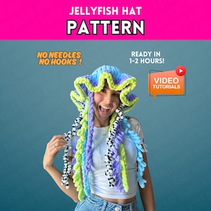 May include: A colorful jellyfish hat pattern with the text "JELLYFISH HAT PATTERN". The hat features blue, green, purple, and black and white tentacles. The text "NO NEEDLES NO HOOKS!" and "READY IN 1-2 HOURS!" are also visible.