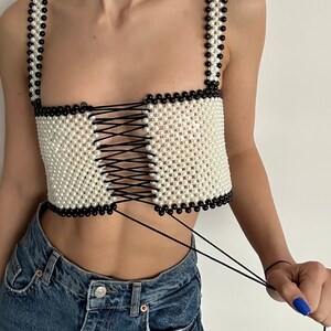 Bustino di perle, Top corto di perle, Top di perle, Croptop di perle, Indossare perle, Abito di perle, Abiti da festa, Bustino di perle, Top di perle (TAGLIA S)