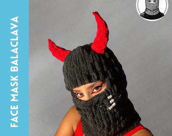Devil face mask balaclava, horn hat, winter beanie, handmade unisex gift