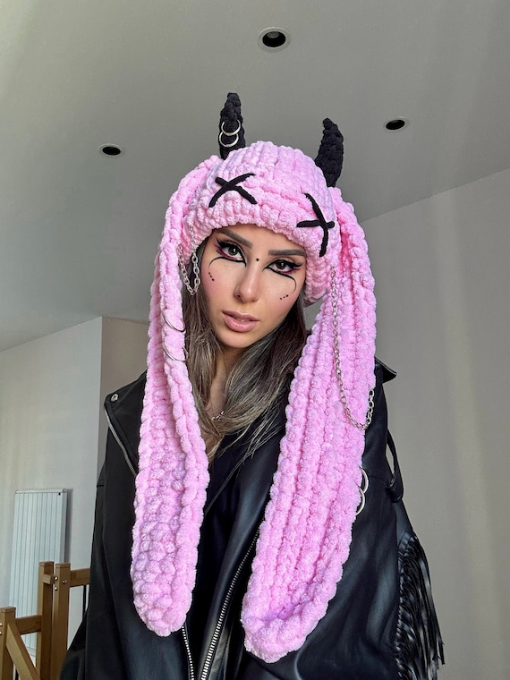Devil Horn Bunny Hat, Handmade Crochet Beanie, Animal Mask  display picture 1