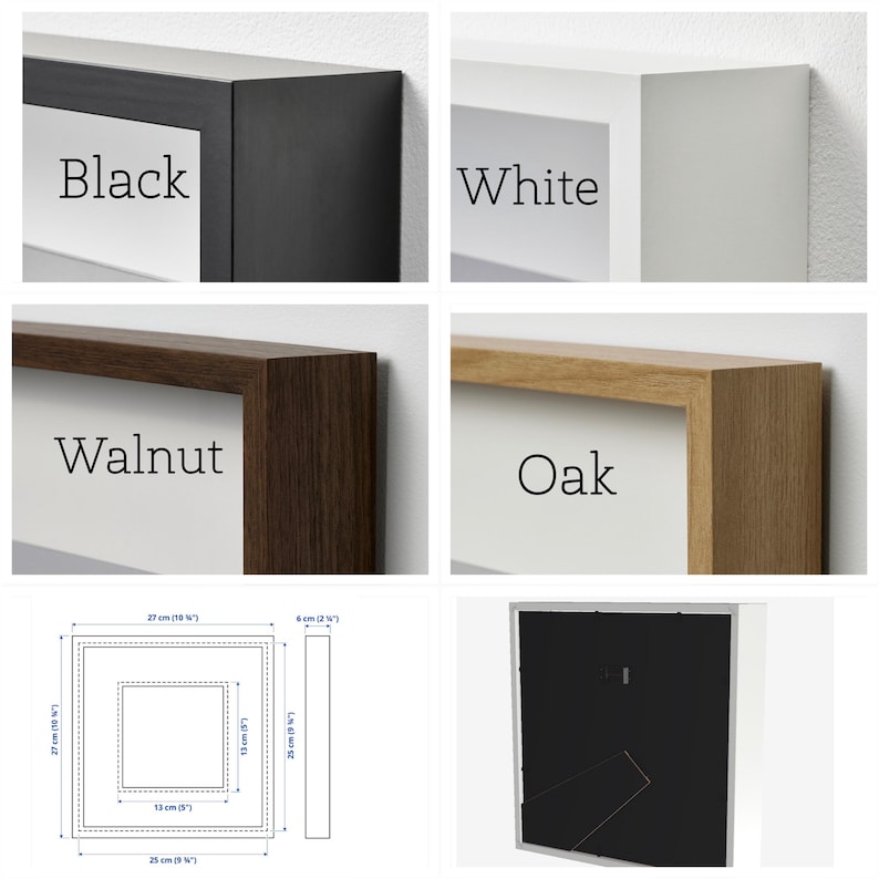 May include: Four different picture frames in black, white, walnut, and oak wood. The frames are 27 inches by 27 inches and have a 4-inch wide border. The frames are shown with a diagram of the dimensions.