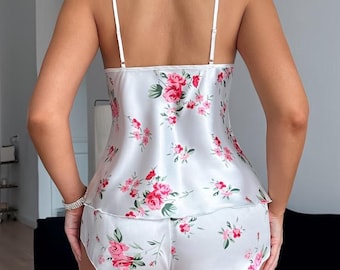 Floral Satin Pajama Set Women, Lace Trim Cami and Shorts Set, Cute Sleepwear, Soft Summer Pajamas, Romantic Nightwear Gift