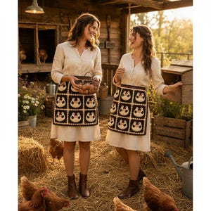 May include: Two individuals wearing light beige linen dresses and dark brown crochet aprons featuring a repeating square pattern of stylized white and brown chicken motifs. The aprons are tied at the waist, and one person holds a wire basket of eggs.
